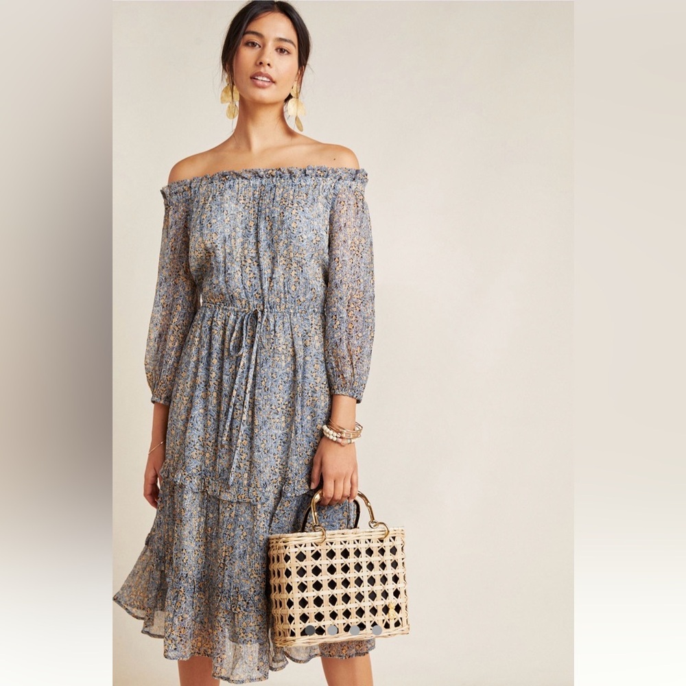 Anthropologie Blue Floral Off-Shoulder Midi Dress
